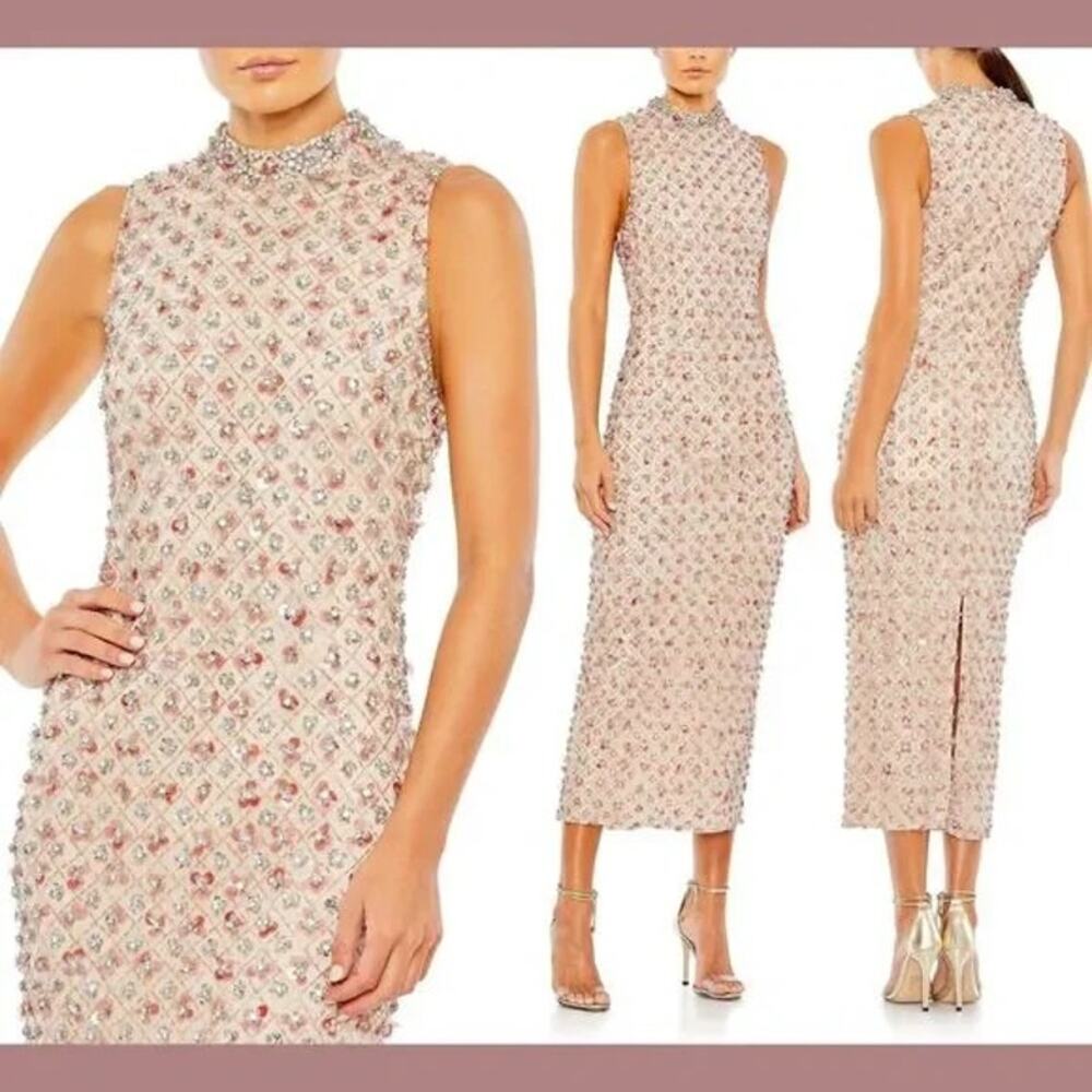 NWT Mac Duggal [ 4 ] 10780 Embellished High Neck Sleeveless‎ Column Dress Peach